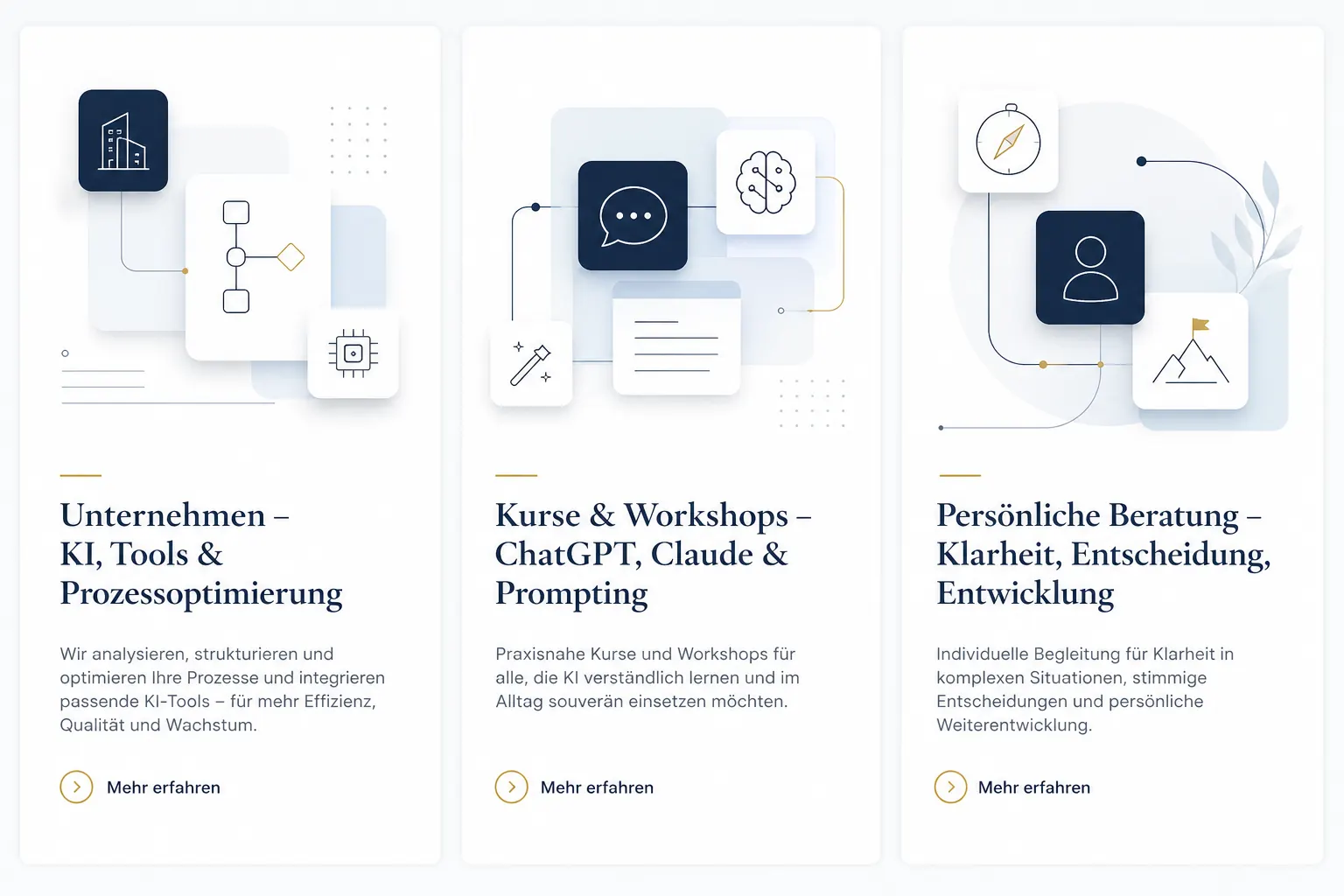 Drei Bereiche von Silence Solutions: Unternehmen (KI, Tools & Prozessoptimierung), Kurse & Workshops (ChatGPT, Claude & Prompting), Persönliche Beratung (Klarheit, Entscheidung, Entwicklung)